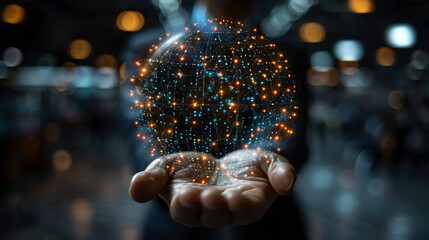 A person is holding a glowing sphere representing a technological advancement and the future of innovation