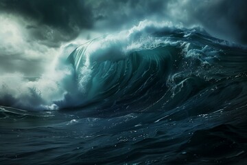 Fototapeta premium A massive, dynamic wave in the ocean under a dark, stormy sky. The wave appears powerful and menacing, with deep blue and gray colors dominating the scene