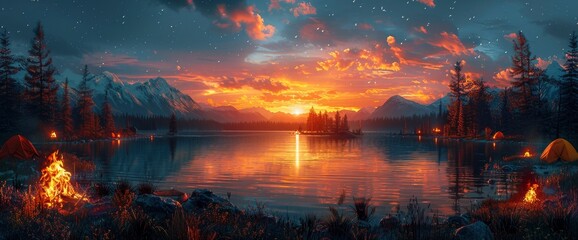 A Breathtaking Collage Showcased Campfire Scenes With Stunning Landscapes, Highlighting The Beauty And Grandeur Of Nature