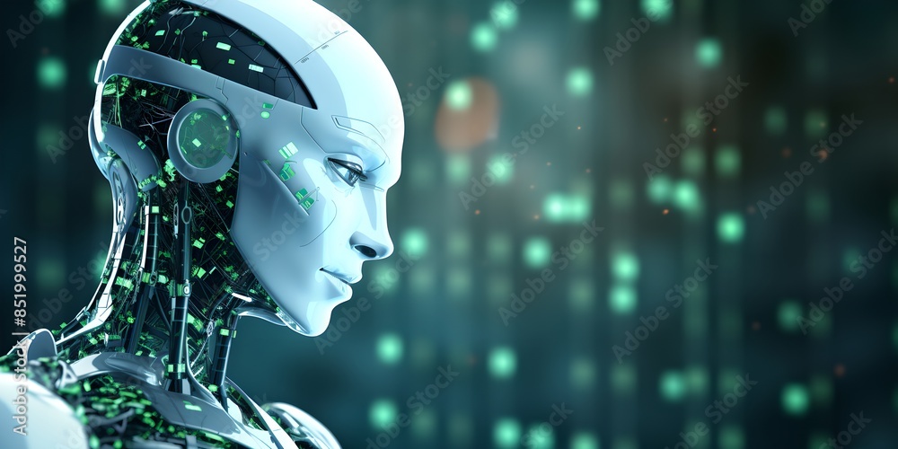 Poster female humanoid robot with digital binary code background. future robotic and cybernetic concept. fu