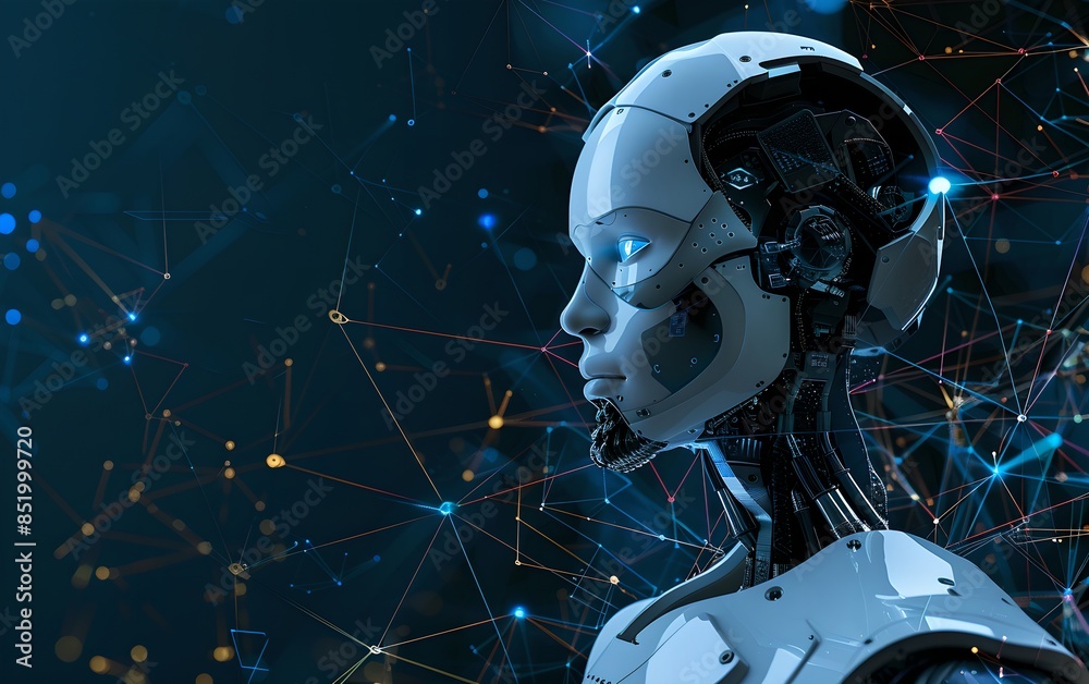 Poster humanoid robot with digital connections network on dark background. future robotic and cybernetic co