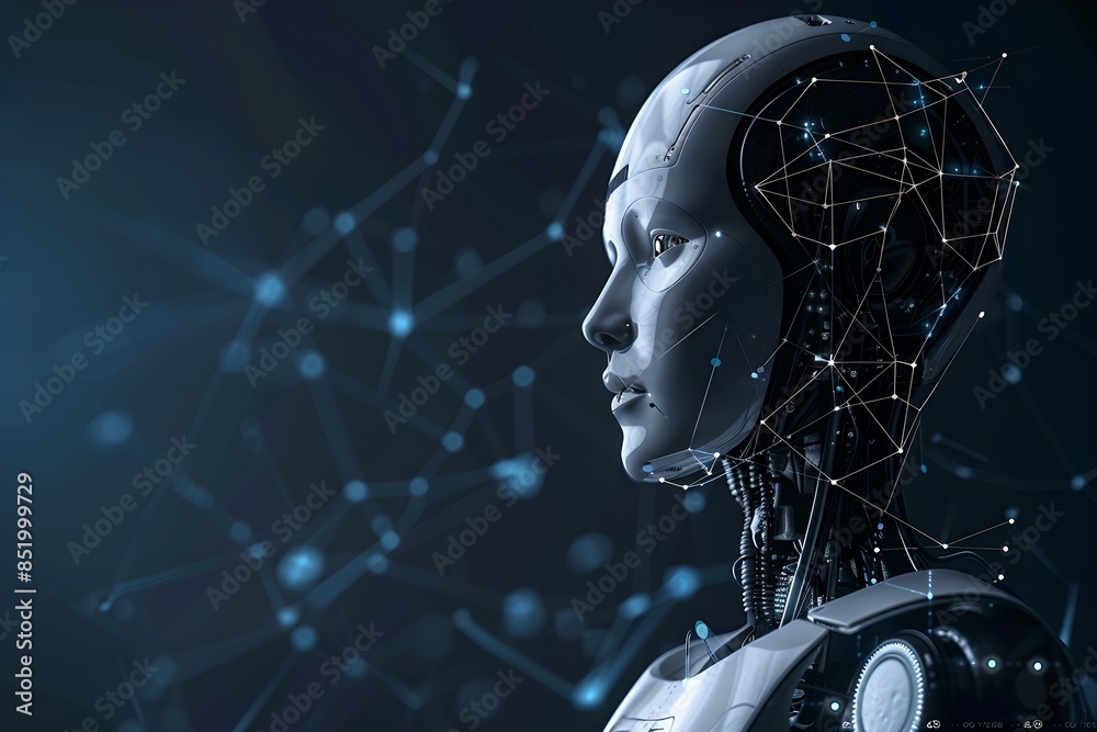 Poster humanoid robot with digital connections network on dark background. future robotic and cybernetic co