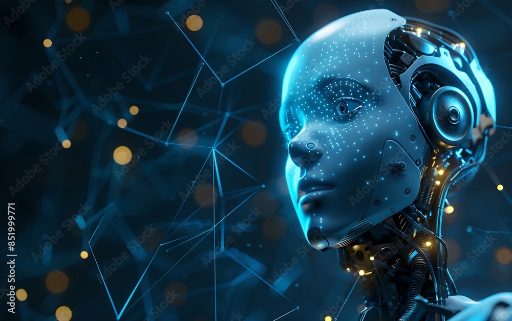 Poster humanoid robot with digital connections network on dark background. future robotic and cybernetic co