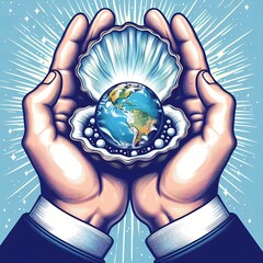 The world is your oyster, English idiom. A person holding an open oyster with the world inside it.