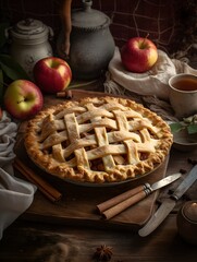 Homemade apple pie with lattice crust on a rustic table.