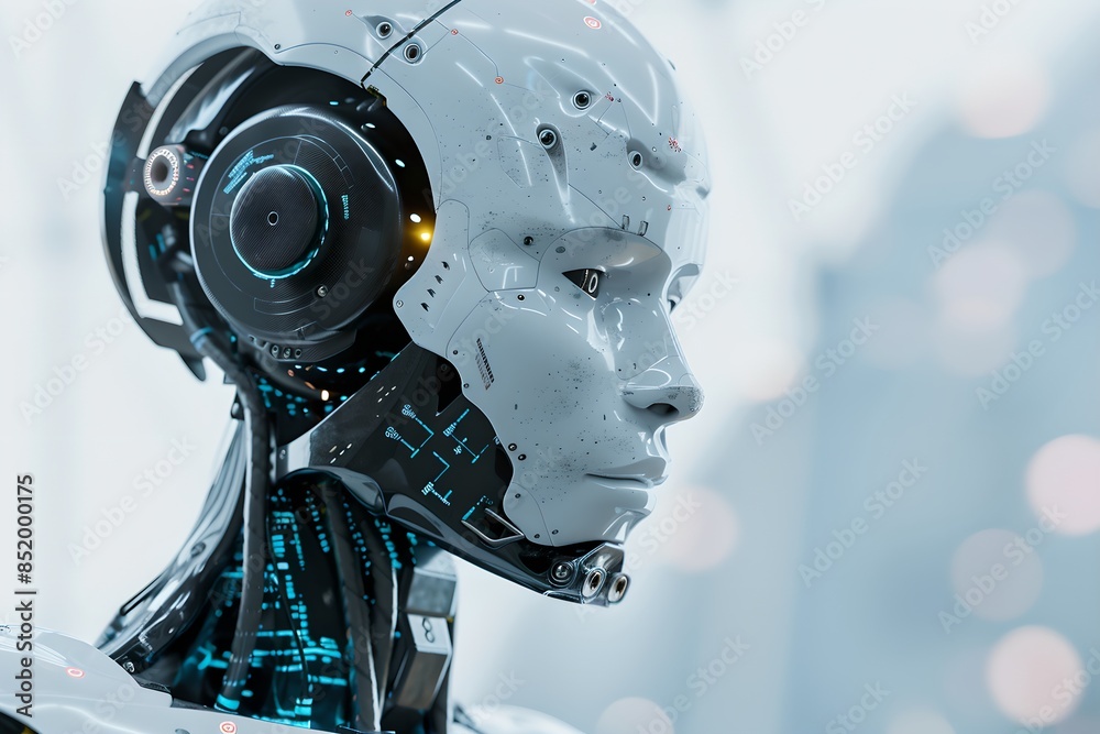 Poster humanoid robot with digital interface against bright background. close-up shot. future robotic and c