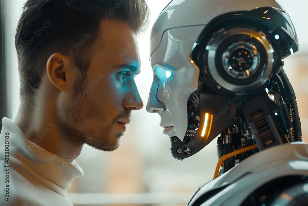 Poster connection between human and robot. close-up shot. future robotic and cybernetic concept. futuristic