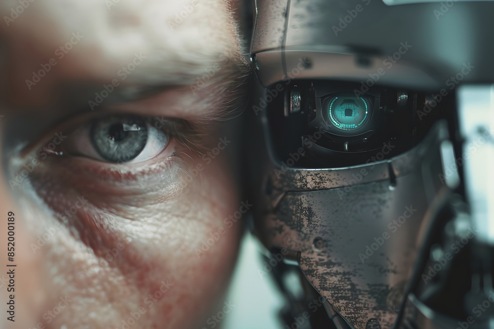 Poster connection between human and robot. close-up shot. future robotic and cybernetic concept. futuristic