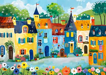 A painting of colorful houses and flowers.