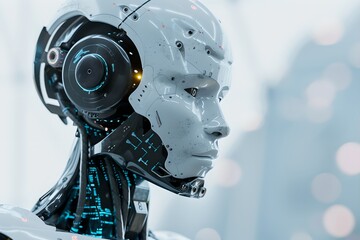 Fototapeta premium Humanoid robot with digital interface against bright background. Close-up shot. Future robotic and cybernetic concept. Futuristic artificial intelligence technology and robotization. 