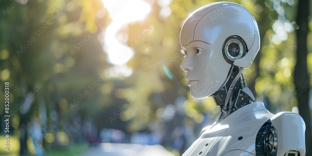 Poster humanoid robot in park with sunlight. future robotic and cybernetic concept. futuristic artificial i