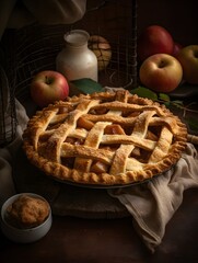 Homemade apple pie with lattice crust on a rustic table.