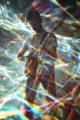 A musician performs on stage with a guitar, bathed in colorful lights. The stage is lit with a variety of colors and patterns, creating a vibrant and dynamic atmosphere