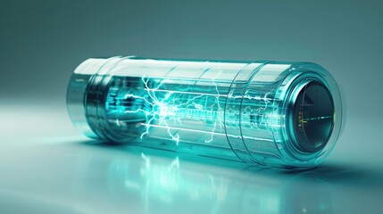 Animated energy flow visible through the futuristic transparent casing of an electric accumulator. Electric accumulator