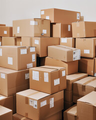 Fototapeta premium A close-up of a stack of neatly packed cardboard boxes with shipping labels against a white background, showcasing organized packaging and efficiency in logistics and storage.