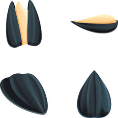 Roasted seed icons set cartoon vector. Peeled and unshelled sunflower seed. Natural product, healthy snack