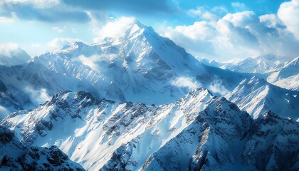 Image of majestic mountain peaks covered with snow-white snow