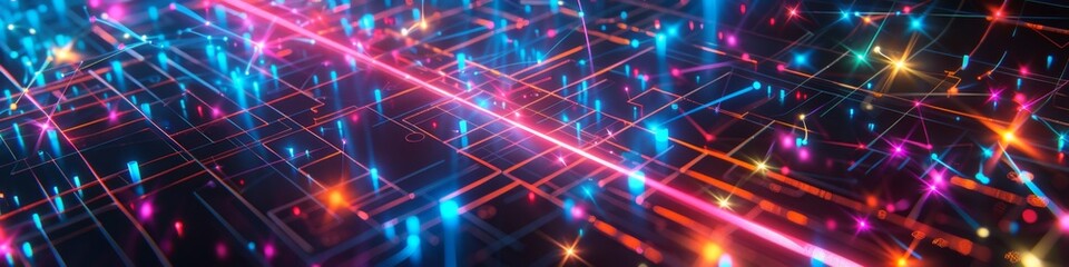 Fragmented grid with broken connections on a dark backdrop, neon lights scattered throughout creating a chaotic look