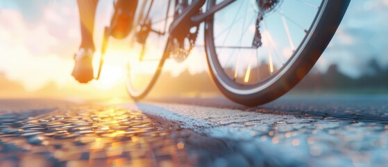 Cyclist riding bicycle on country road at sunset, close-up view with free space, capturing the beauty of nature and motion.
