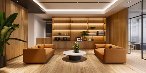 A modern office with wood paneling and couches.