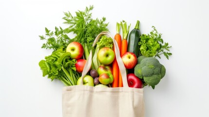 Reusable shopping bag filled with various fresh vegetables such as carrots, lettuce and tomatoes on a white background