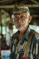 Fototapeta premium A portrait of an elderly man wearing glasses and a camouflage shirt, standing outside