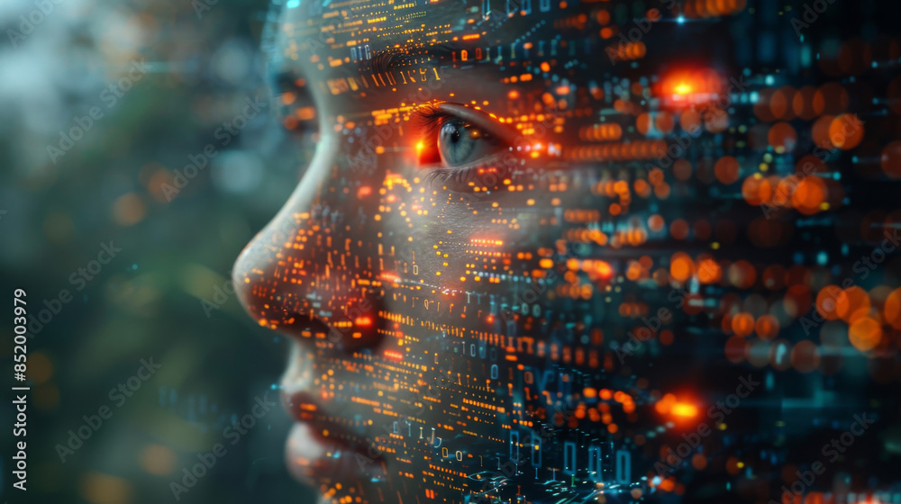Wall mural collage of human head, digits and various abstract elements on the subject of artificial intelligenc
