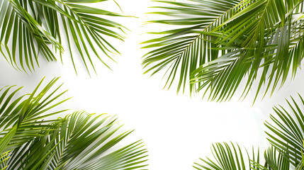 Obraz premium Tropical beach coconut palm tree leaves isolated on white background, green palm fronds layout for summer and tropical nature concepts.