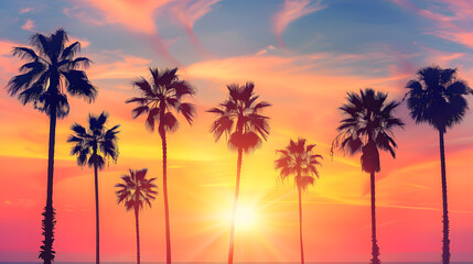 Tropical palm tree over sunset sky. Palms and beautiful sky background. Tourism, vacation concept backdrop. Palms silhouettes over orange sun