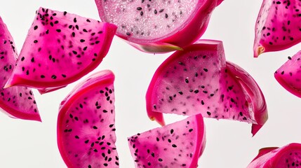 Juicy slices of dragon fruit, with their vibrant pink skin and speckled flesh, are shown floating in mid-air against a white background