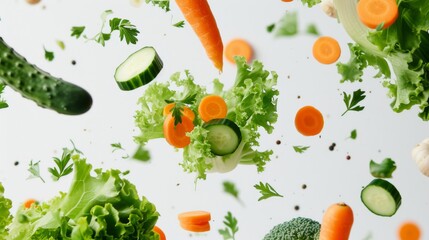 Fresh vegetables, including carrots, cucumbers, and leafy greens, are captured floating mid-air against a white background