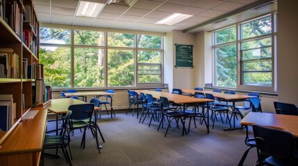 Fototapeta premium A shot of a classroom with multiple rows of desks and chairs facing the windows, which look out onto a green, leafy view