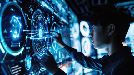 A person in a dark room interacts with a large digital display, reaching out to touch the glowing blue interface. The screen is filled with complex graphics and data visualizations