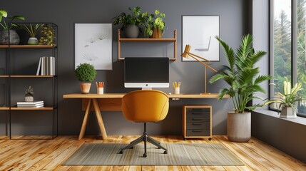cozy home office ideas , home office decor with plants
