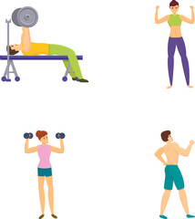 Gym workout icons set cartoon vector. Man and woman during training. Sport concept