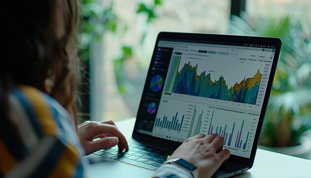 Image of a woman studying financial charts on a computer
