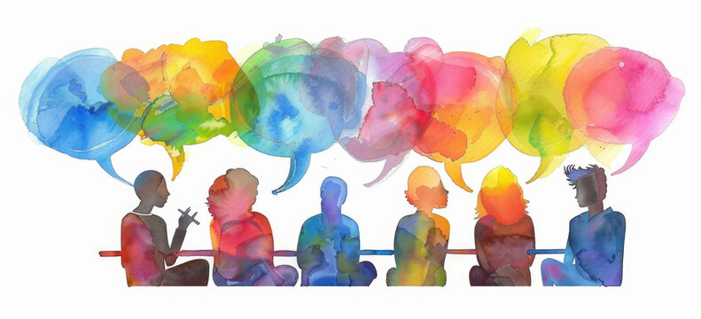An abstract illustration of seven diverse individuals sitting together with colorful speech bubbles above them, representing open communication and shared ideas in vibrant watercolors