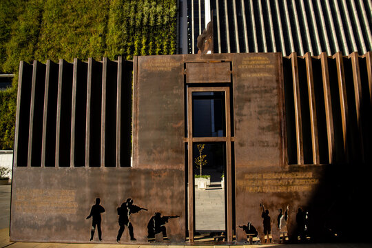 Medellin, Colombia - January 18, 2024: Razed Justice, Holocaust Never Again. Monument in memory of the victims of the Takeover of the Palace of Justice by the terrorist group M19.