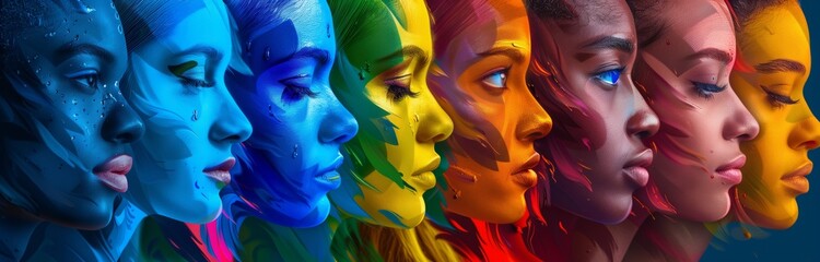 Fototapeta premium A colorful collage of various people with different skin tones, each representing one color in the rainbow spectrum. The faces should be painted in shades of blue, green, yellow