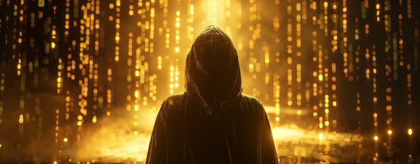 A hacker in hooded sweatshirt silhouette against the dark background of binary code