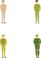 Military character icons set cartoon vector. Soldier and officer in army uniform. Military people, army
