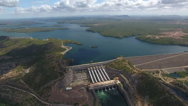 Aerial view of Xing&oacute; hydroelectric plant, S&atilde;o Francisco River - Piranhas, Alagoas, Brazil