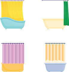 Bath curtain icons set cartoon vector. Colorful open and closed shower curtain. Bathroom interior element