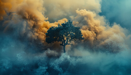 Lebanon cedar tree standing in a cloud of smoke