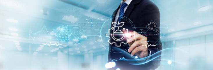 Agriculture Technology: Business Graph and Data of Agricultural Business Growth, Sustainability. Businessman Touches and Analyzes Data Growth of Agricultural Innovation, Crop Management.