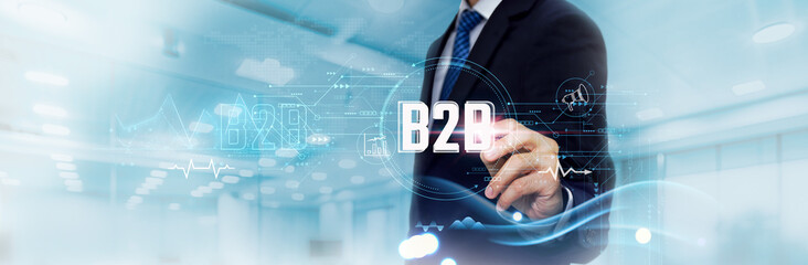 B2B Business Graph and Data of Interconnected Business Growth, Market Trends. Businessman Touch and...