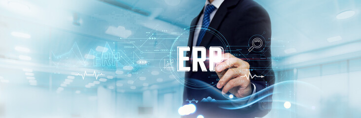 ERP Business Graph and Data of Integrated Business Growth, Efficiency. Businessman Touch and...