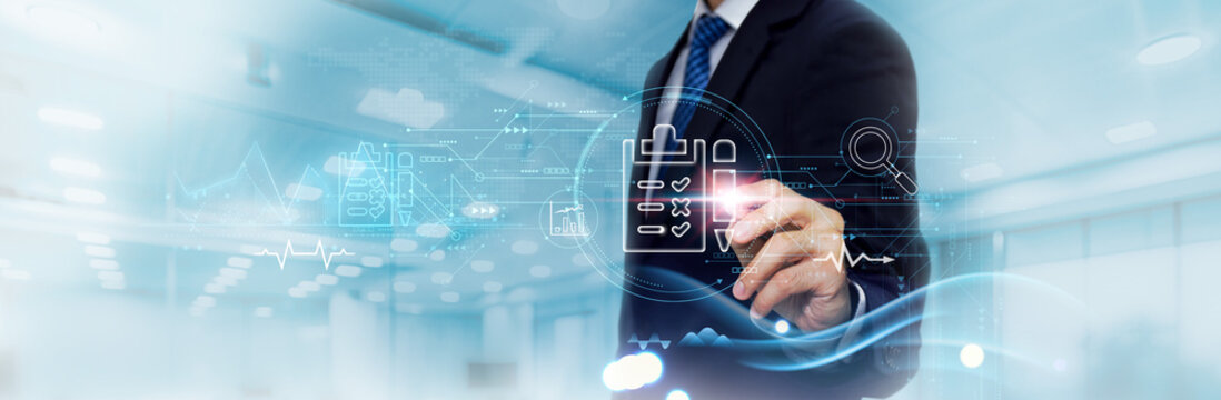 Assessment: Business Graph and Data of Continuous Business Growth, Evaluation, Insight. Businessman Touches and Analyzes Data Growth of Market Trends, Performance, Strategy.