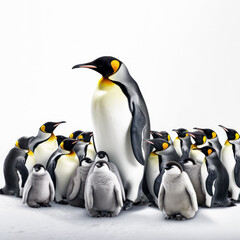 Obraz premium A group of penguins are standing in a line, with one of them being the tallest.