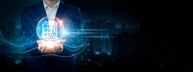 Compliance: Businessman Holding Global Network Connection of Data. Global Business. Regulatory...